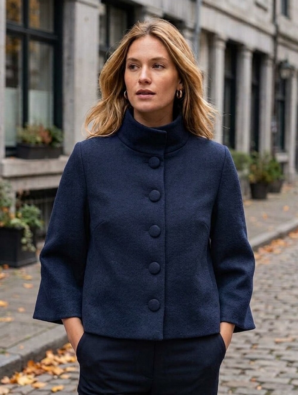 NEIMAN MARCUS Wool High Collar Blazer Jacket In Navy Blue | 6